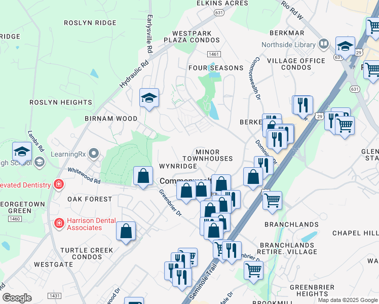 map of restaurants, bars, coffee shops, grocery stores, and more near 402 Wynridge Drive in Charlottesville