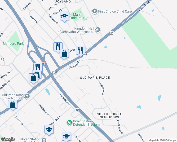map of restaurants, bars, coffee shops, grocery stores, and more near 141 Preakness Drive in Lexington