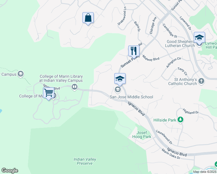 map of restaurants, bars, coffee shops, grocery stores, and more near 1000 Sunset Parkway in Novato
