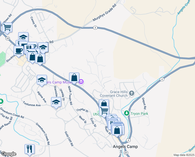map of restaurants, bars, coffee shops, grocery stores, and more near 850 Purdy Road in Angels Camp