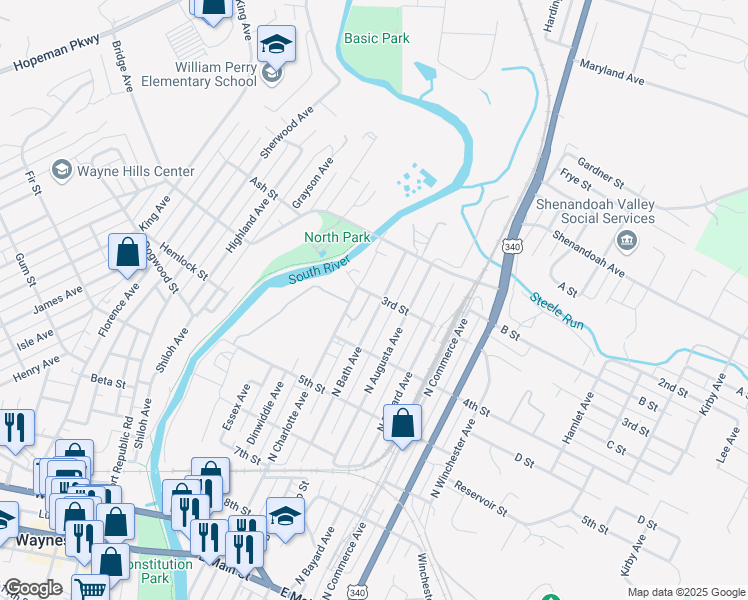 map of restaurants, bars, coffee shops, grocery stores, and more near 689 North Bath Avenue in Waynesboro