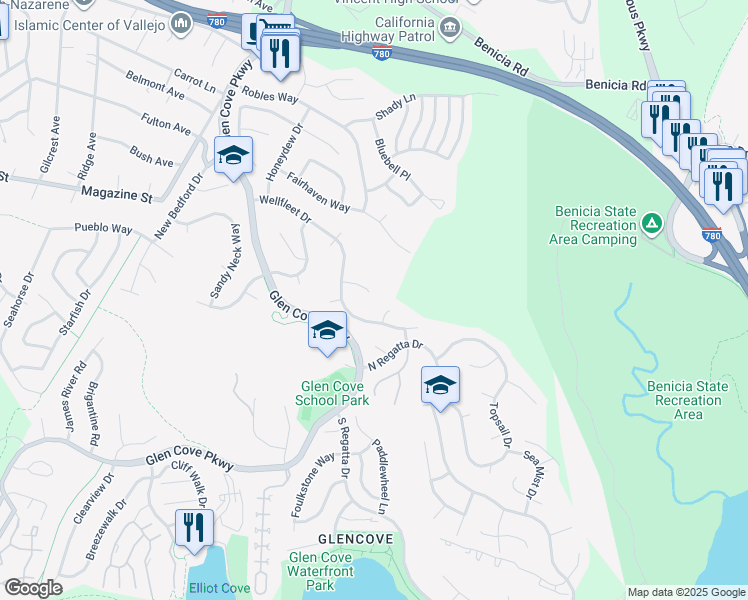 map of restaurants, bars, coffee shops, grocery stores, and more near 660 Wellfleet Drive in Vallejo