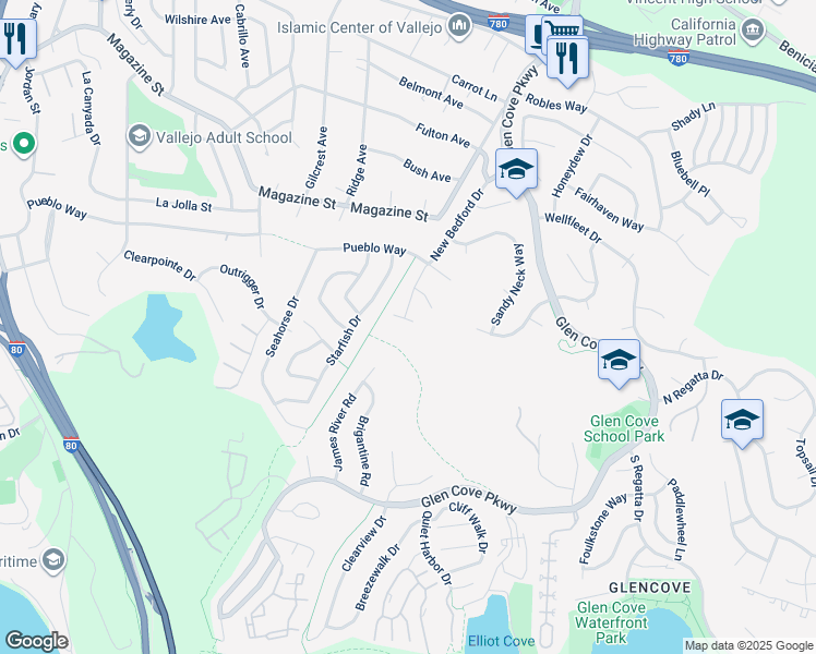 map of restaurants, bars, coffee shops, grocery stores, and more near 721 New Bedford Court in Vallejo