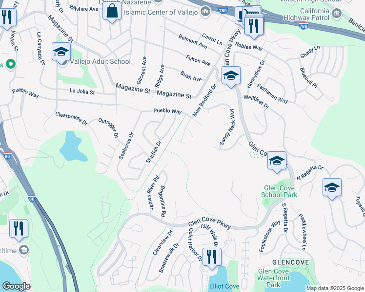 map of restaurants, bars, coffee shops, grocery stores, and more near 721 New Bedford Court in Vallejo