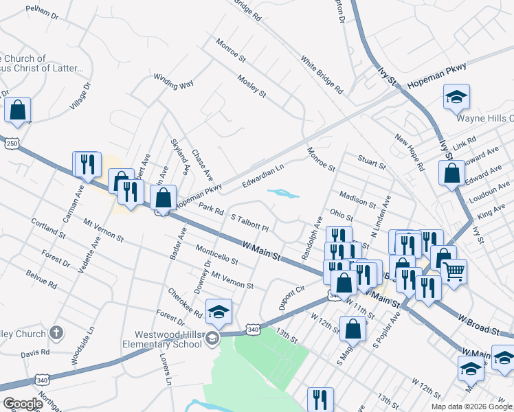 map of restaurants, bars, coffee shops, grocery stores, and more near 1815 South Talbott Place in Waynesboro
