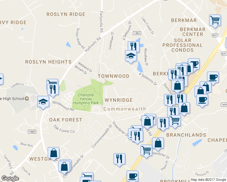 map of restaurants, bars, coffee shops, grocery stores, and more near 1510 Westfield Court in Charlottesville