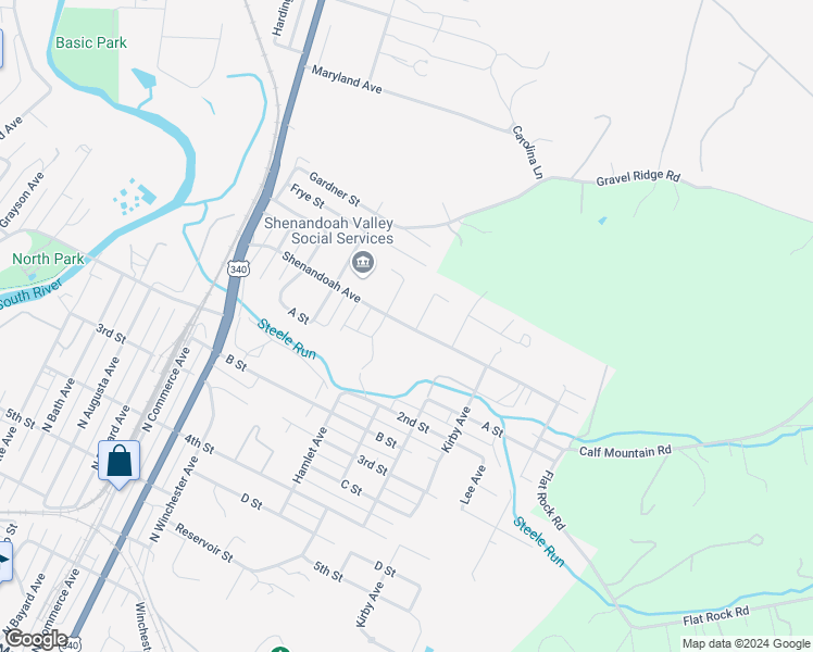map of restaurants, bars, coffee shops, grocery stores, and more near Shenandoah Avenue in Waynesboro