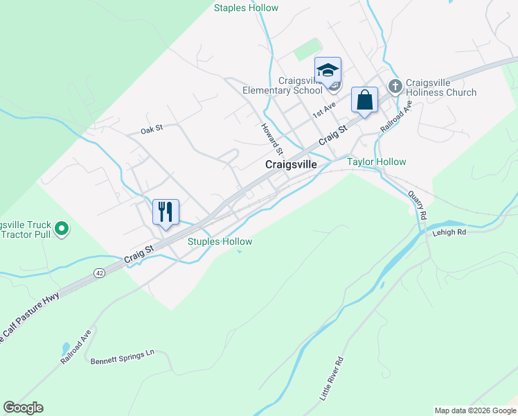 map of restaurants, bars, coffee shops, grocery stores, and more near Railroad Avenue in Craigsville