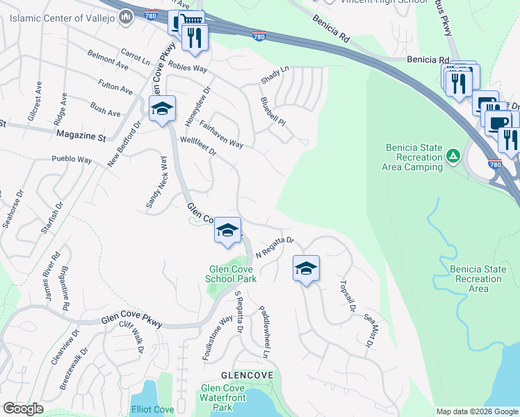 map of restaurants, bars, coffee shops, grocery stores, and more near 660 Wellfleet Drive in Vallejo