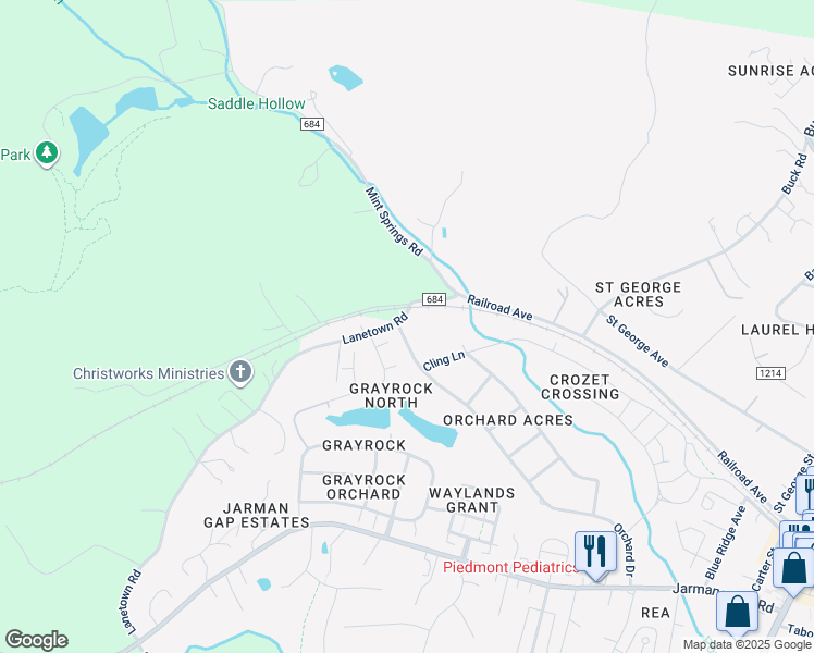 map of restaurants, bars, coffee shops, grocery stores, and more near 1496 Orchard Drive in Crozet