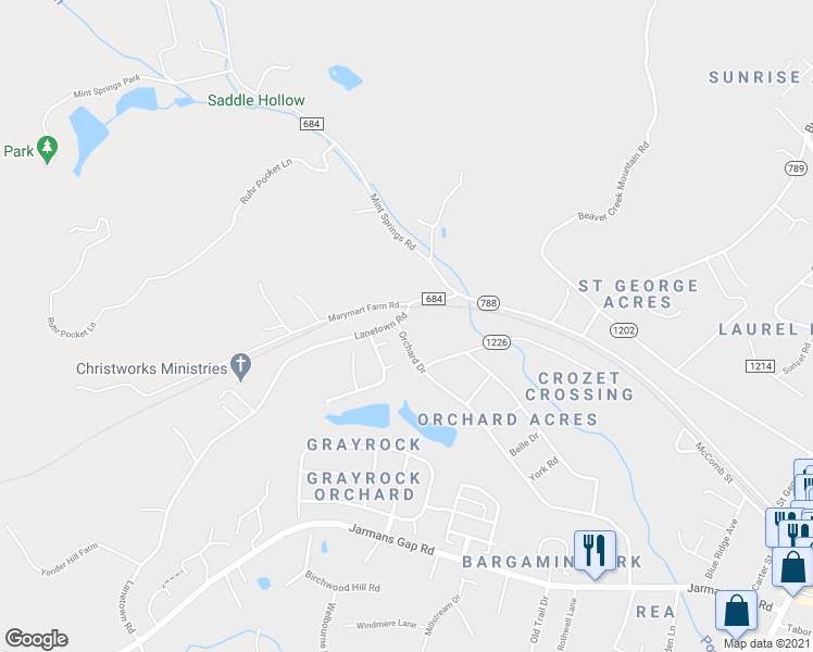 map of restaurants, bars, coffee shops, grocery stores, and more near 1496 Orchard Drive in Crozet