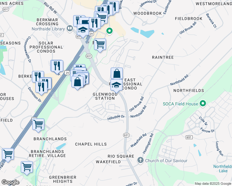 map of restaurants, bars, coffee shops, grocery stores, and more near 941 Glenwood Station Lane in Charlottesville