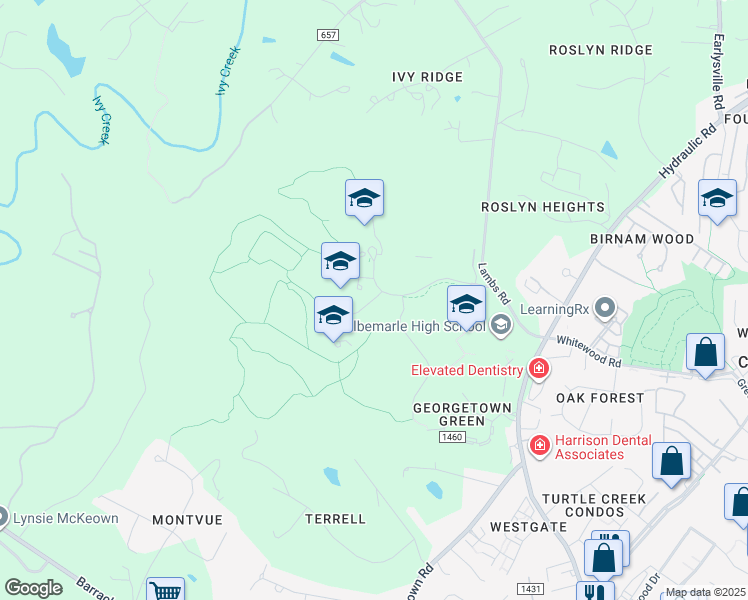 map of restaurants, bars, coffee shops, grocery stores, and more near 225 Lambs Lane in Charlottesville