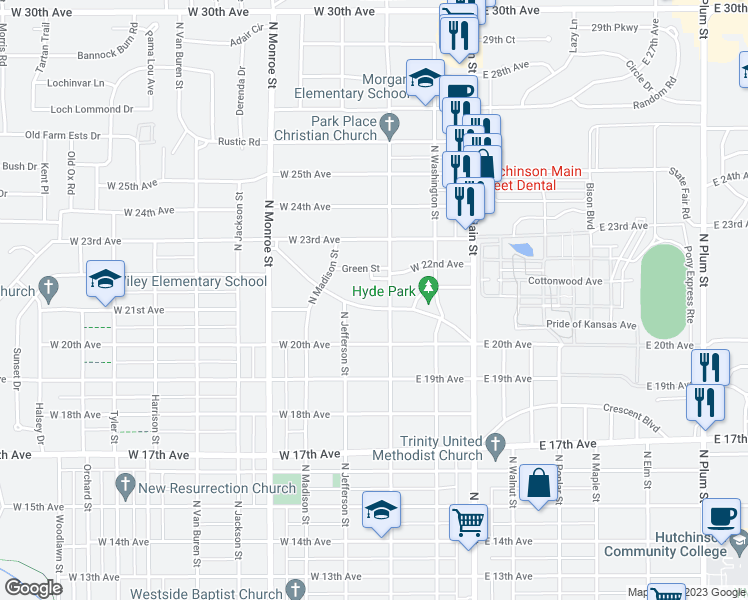 map of restaurants, bars, coffee shops, grocery stores, and more near 208 Hyde Park Drive in Hutchinson