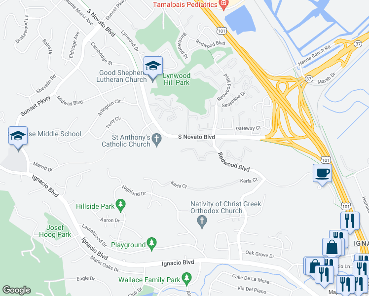 map of restaurants, bars, coffee shops, grocery stores, and more near 1120 Susan Way in Novato