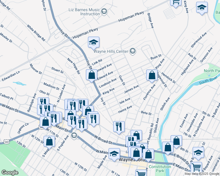 map of restaurants, bars, coffee shops, grocery stores, and more near 130 King Avenue in Waynesboro