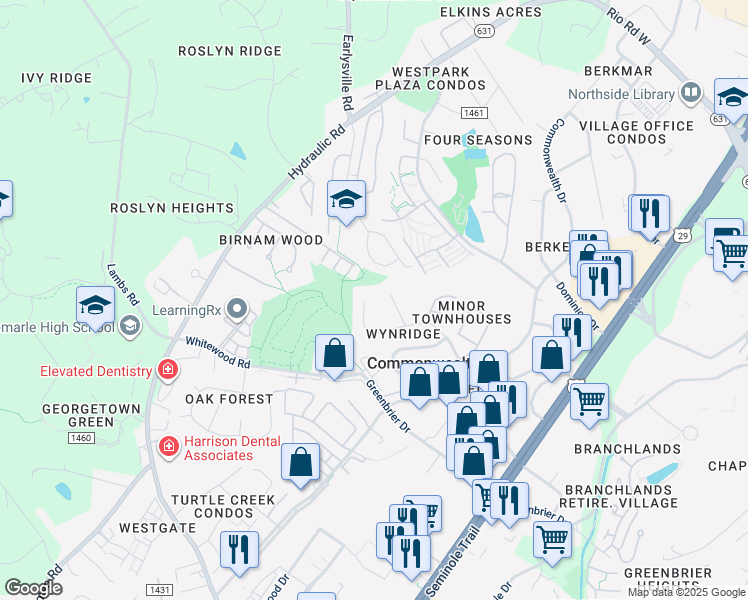 map of restaurants, bars, coffee shops, grocery stores, and more near 307 Westfield Road in Charlottesville