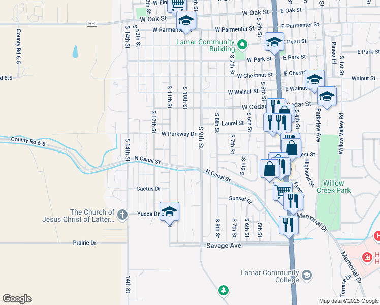 map of restaurants, bars, coffee shops, grocery stores, and more near 1400 South 9th Street in Lamar