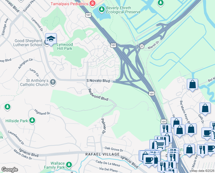 map of restaurants, bars, coffee shops, grocery stores, and more near 816 Arlene Way in Novato
