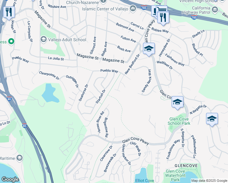 map of restaurants, bars, coffee shops, grocery stores, and more near 721 New Bedford Court in Vallejo
