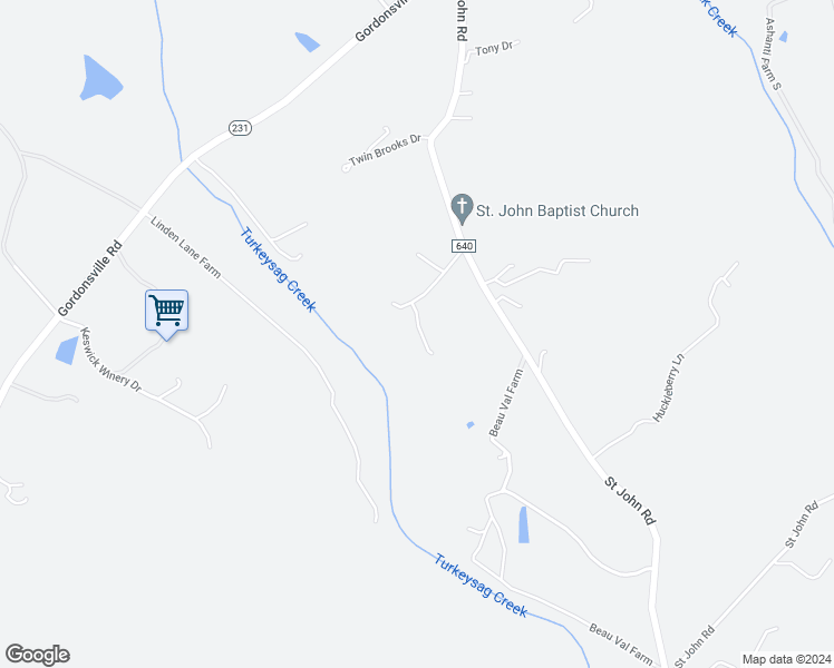 map of restaurants, bars, coffee shops, grocery stores, and more near 1570 Saint John Road in Gordonsville