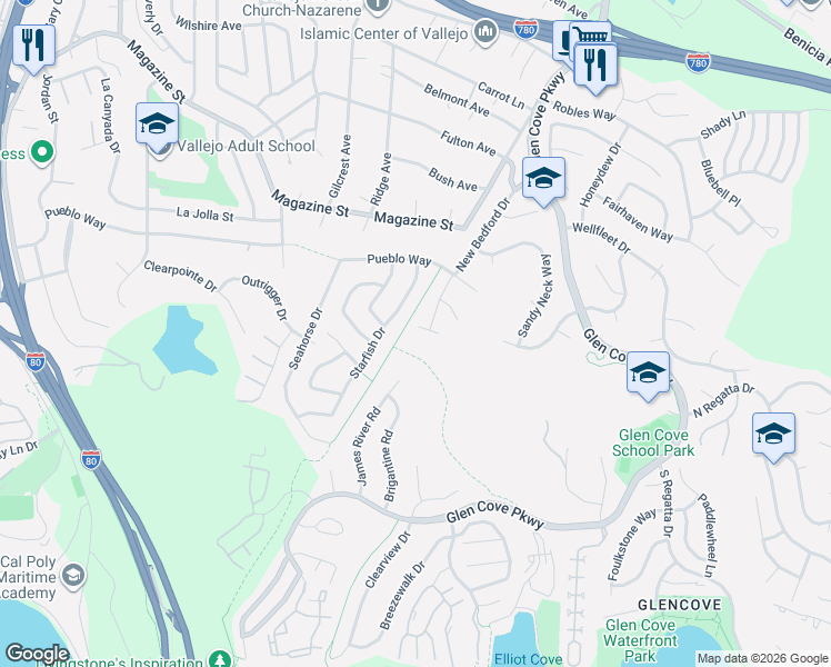 map of restaurants, bars, coffee shops, grocery stores, and more near 721 New Bedford Court in Vallejo
