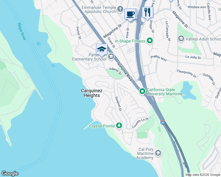 map of restaurants, bars, coffee shops, grocery stores, and more near 230 Sea Crest Circle in Vallejo