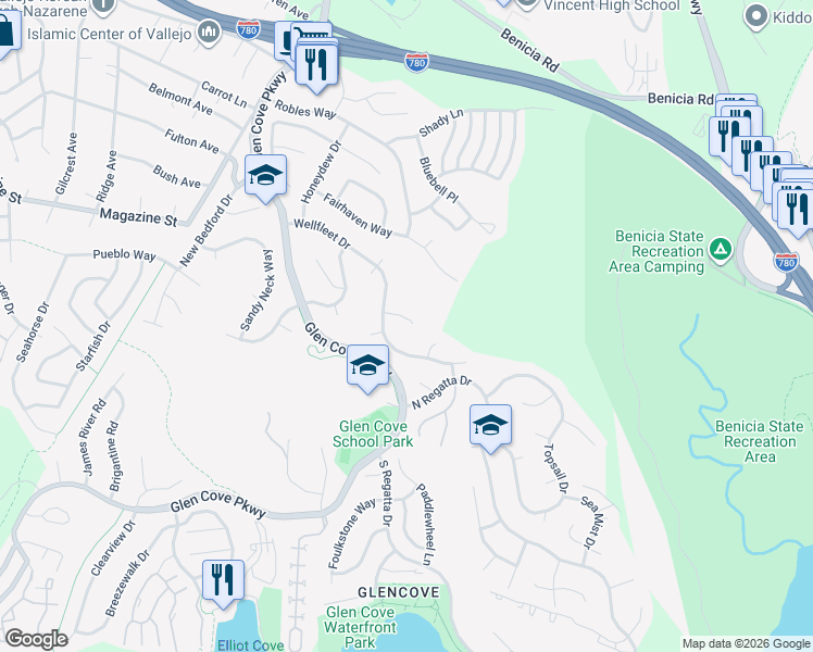 map of restaurants, bars, coffee shops, grocery stores, and more near 148 Winter Harbor Place in Vallejo