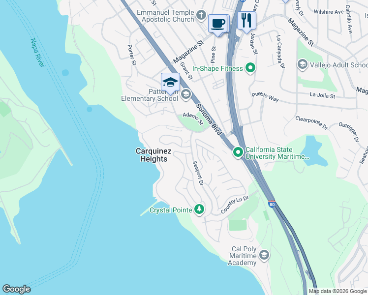 map of restaurants, bars, coffee shops, grocery stores, and more near 230 Sea Crest Circle in Vallejo
