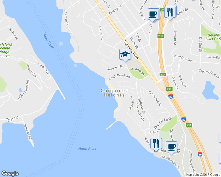 map of restaurants, bars, coffee shops, grocery stores, and more near 3 Sandy Beach Road in Vallejo
