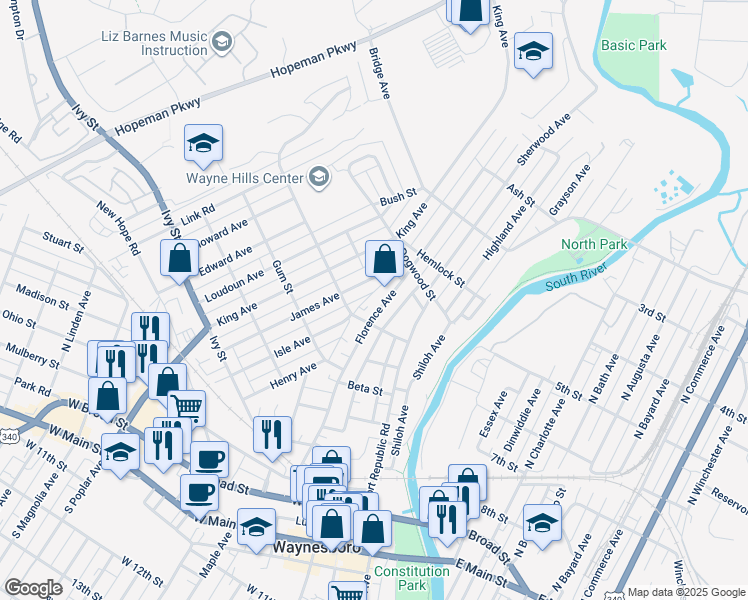 map of restaurants, bars, coffee shops, grocery stores, and more near 508 James Avenue in Waynesboro