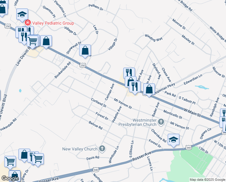 map of restaurants, bars, coffee shops, grocery stores, and more near 2224 West Main Street in Waynesboro