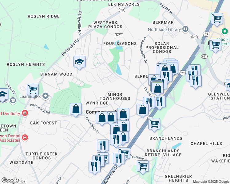 map of restaurants, bars, coffee shops, grocery stores, and more near 440 Wynridge Drive in Charlottesville