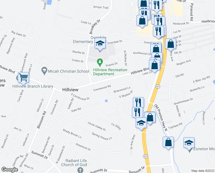 map of restaurants, bars, coffee shops, grocery stores, and more near 130 South Brookwood Drive in Louisville