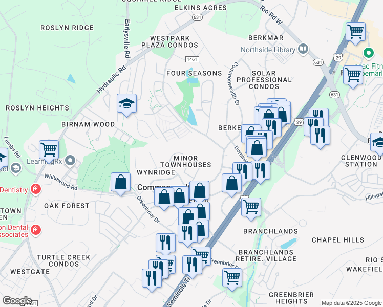 map of restaurants, bars, coffee shops, grocery stores, and more near 1484 Minor Ridge Court in Charlottesville