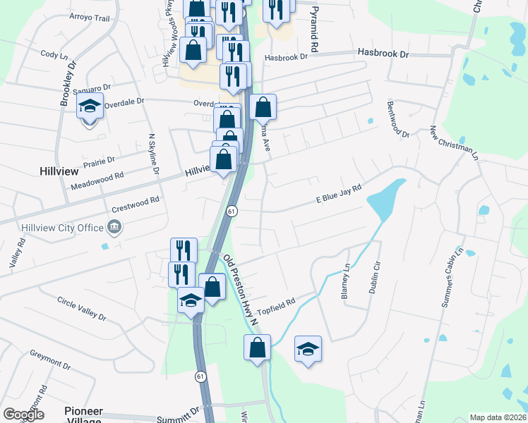 map of restaurants, bars, coffee shops, grocery stores, and more near 270 East Blue Jay Road in Louisville