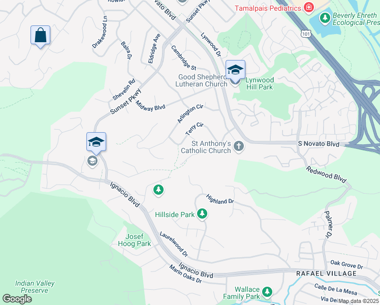 map of restaurants, bars, coffee shops, grocery stores, and more near 556 Stone Drive in Novato