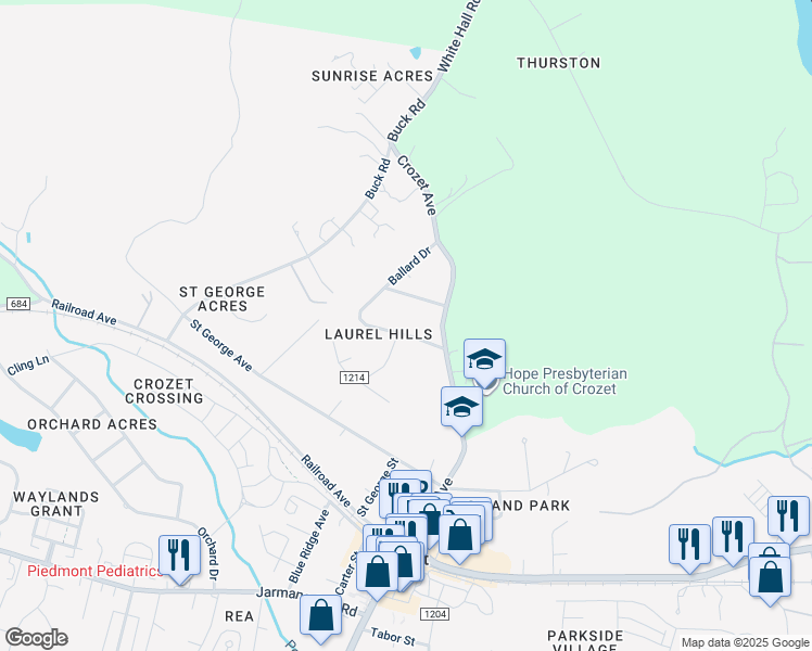 map of restaurants, bars, coffee shops, grocery stores, and more near 1440 Ballard Drive in Crozet