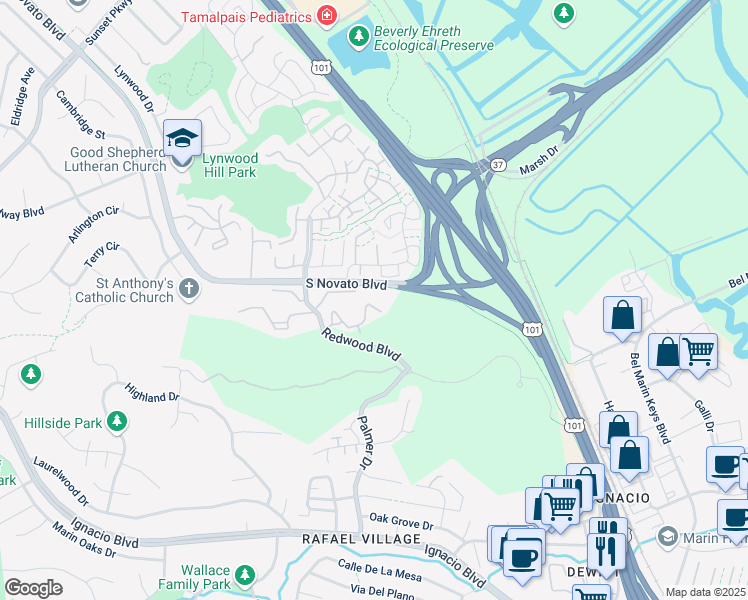 map of restaurants, bars, coffee shops, grocery stores, and more near 49 Los Padres Circle in Novato