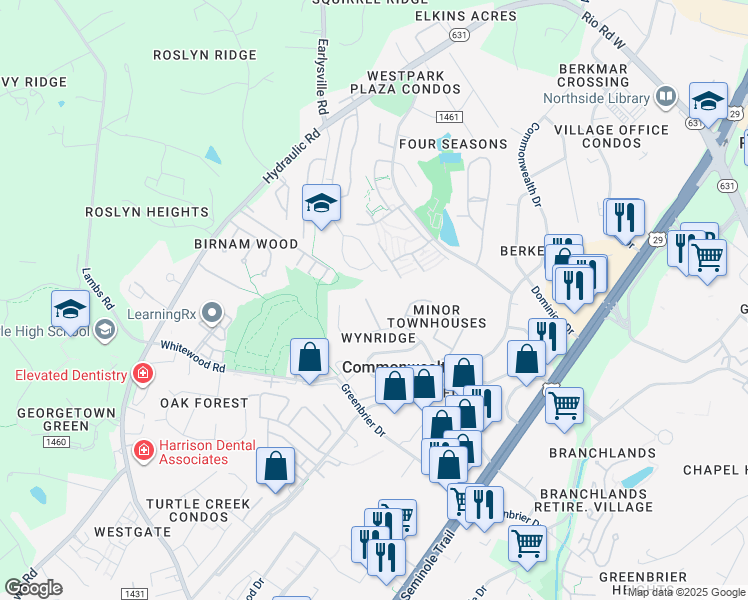 map of restaurants, bars, coffee shops, grocery stores, and more near 1511 Westfield Court in Charlottesville