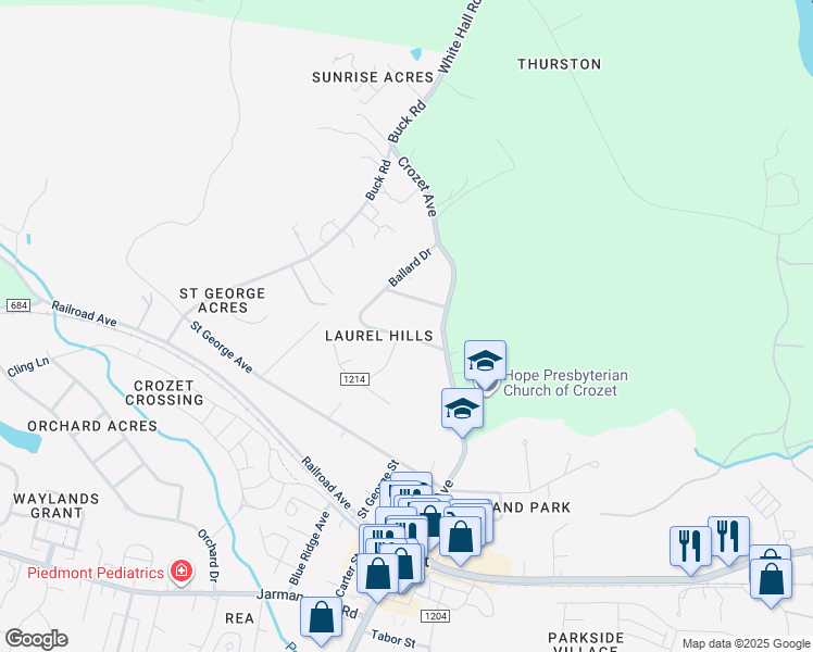 map of restaurants, bars, coffee shops, grocery stores, and more near 1440 Ballard Drive in Crozet