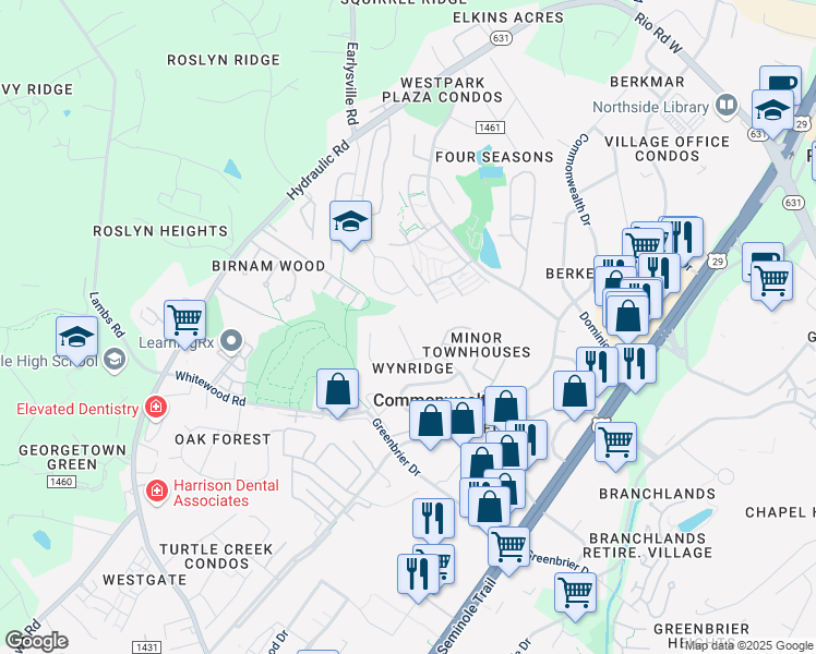 map of restaurants, bars, coffee shops, grocery stores, and more near 1511 Westfield Court in Charlottesville