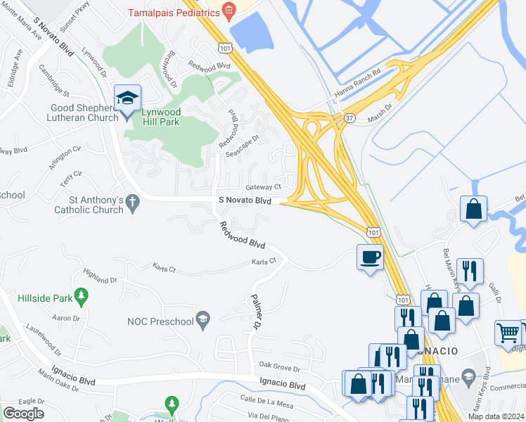 map of restaurants, bars, coffee shops, grocery stores, and more near 49 Los Padres Circle in Novato