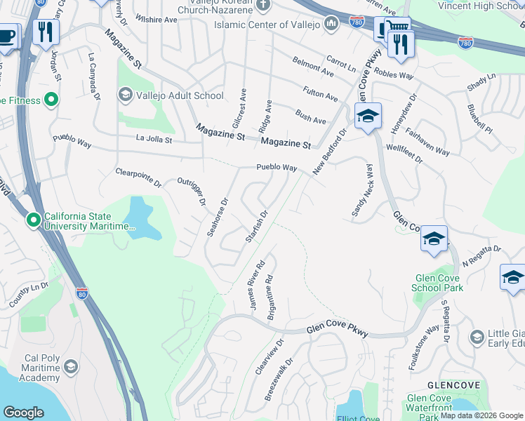 map of restaurants, bars, coffee shops, grocery stores, and more near 120 Thresher Drive in Vallejo