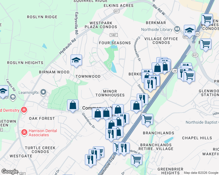 map of restaurants, bars, coffee shops, grocery stores, and more near 434 Wynridge Drive in Charlottesville