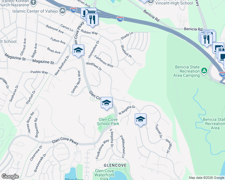 map of restaurants, bars, coffee shops, grocery stores, and more near 465 Wellfleet Drive in Vallejo