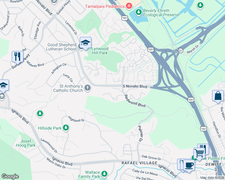 map of restaurants, bars, coffee shops, grocery stores, and more near 117 Cheda Lane in Novato