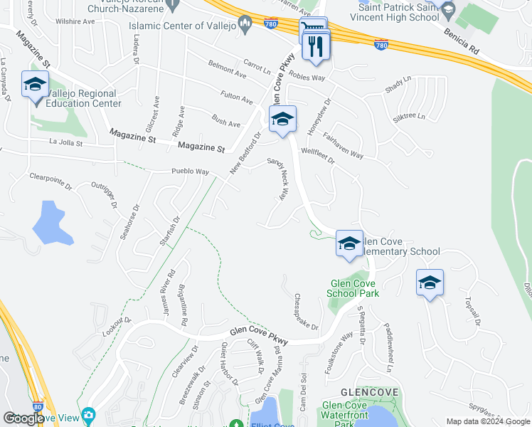 map of restaurants, bars, coffee shops, grocery stores, and more near 355 Sandy Neck Way in Vallejo