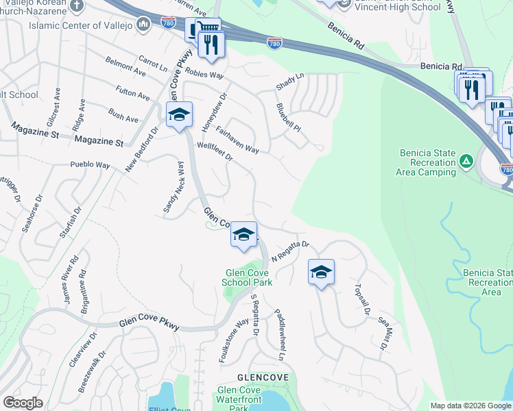 map of restaurants, bars, coffee shops, grocery stores, and more near 465 Wellfleet Drive in Vallejo
