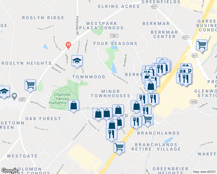 map of restaurants, bars, coffee shops, grocery stores, and more near 434 Wynridge Drive in Charlottesville